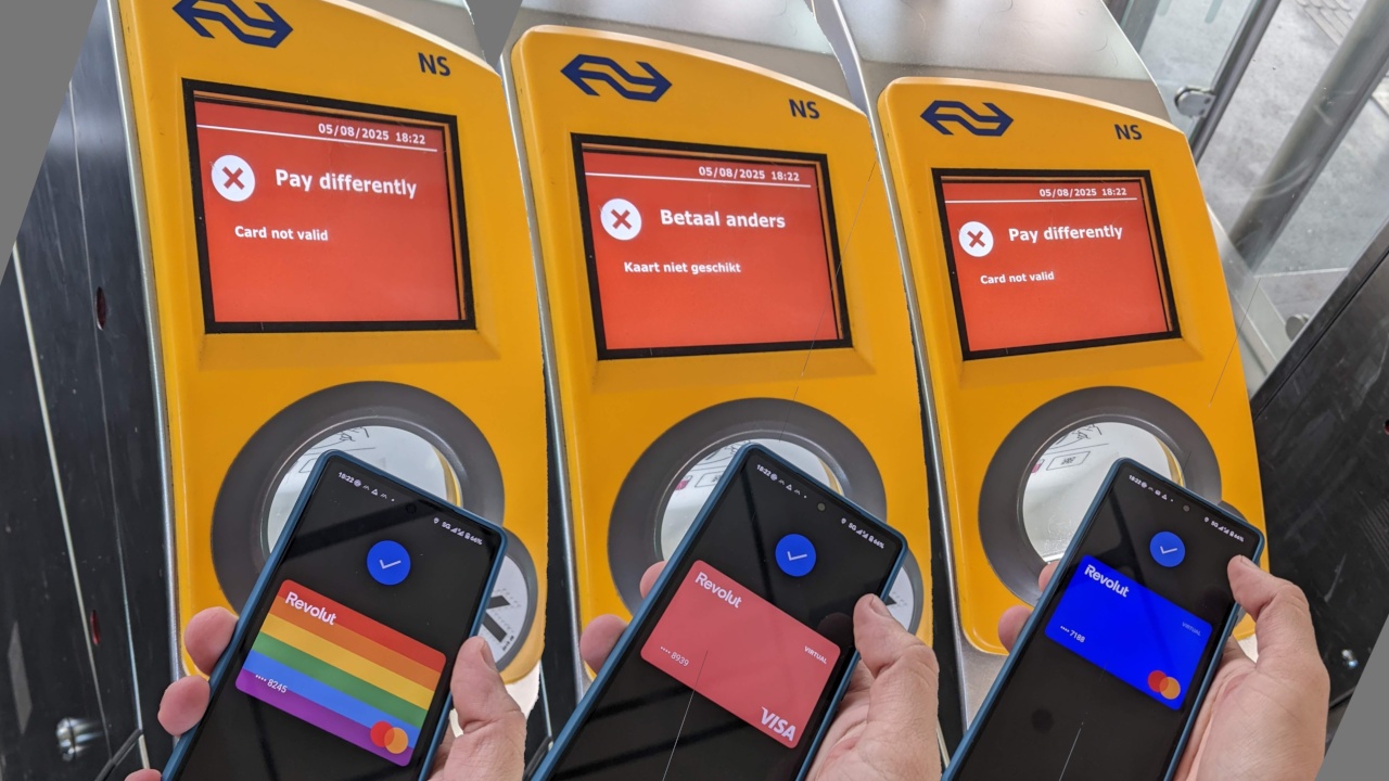 Koláž zobrazující tři různé virtuální karty Revolut odmítnuté s chybou
Pay Differently